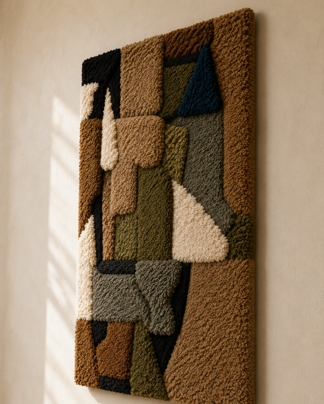 Colorful earthen mosaic wall art by Hewn Earth showcasing intricate geometric patterns and earthy tones for home decor.