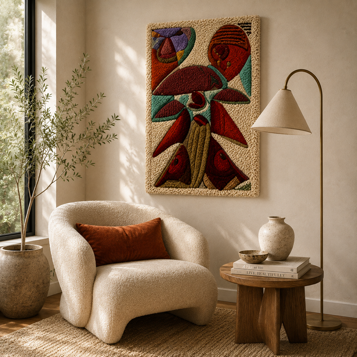 Hewn Earth Ember Botanica wall art featuring vibrant botanical illustrations on a textured background.