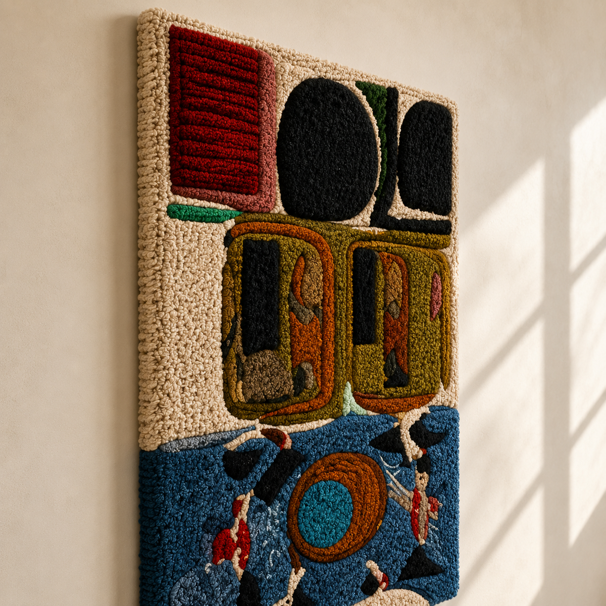 Blue Courtyard wall art by Hewn Earth featuring abstract blue and green geometric shapes on a textured background.