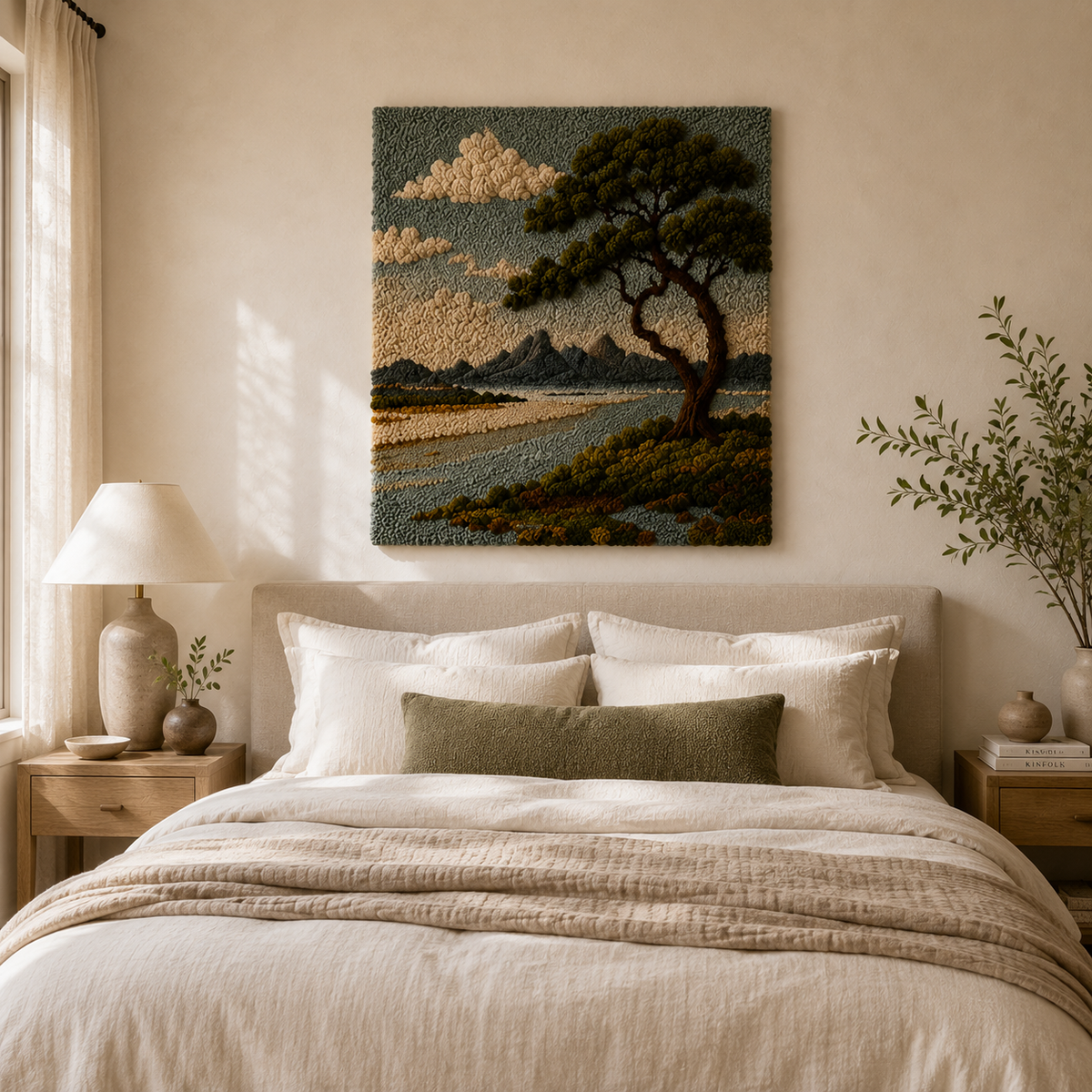 Distant Pine wall art by Hewn Earth featuring a serene pine tree landscape in muted colors on canvas.