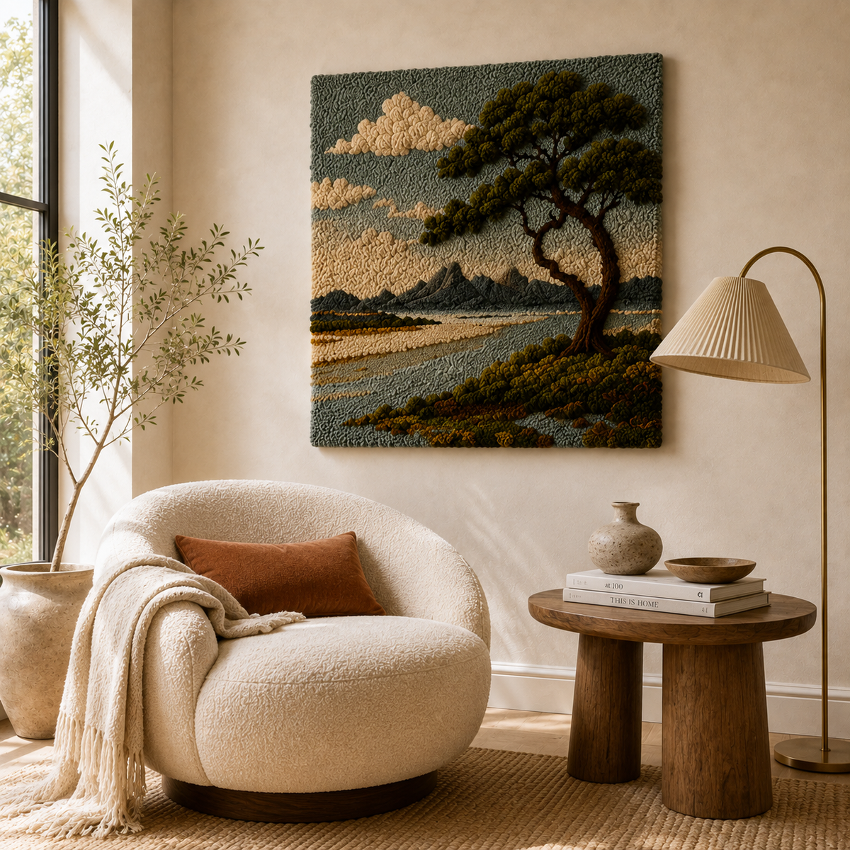 Distant Pine wall art by Hewn Earth featuring a serene pine tree landscape in soft, earthy tones on canvas.