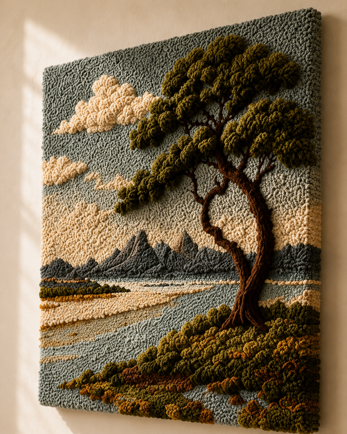 Distant Pine wall art by Hewn Earth featuring a scenic pine tree landscape displayed as a decorative wall hanging.