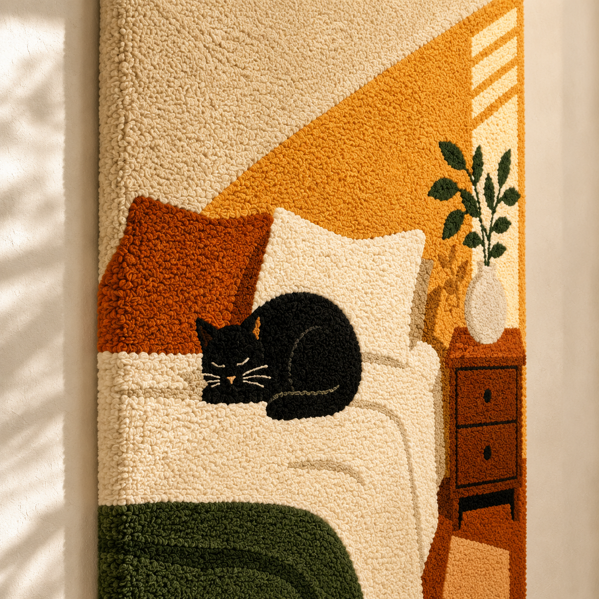 Close-up of Hewn Earth Midnight Cat Nook wall art featuring detailed, dark-toned feline illustration on textured background.