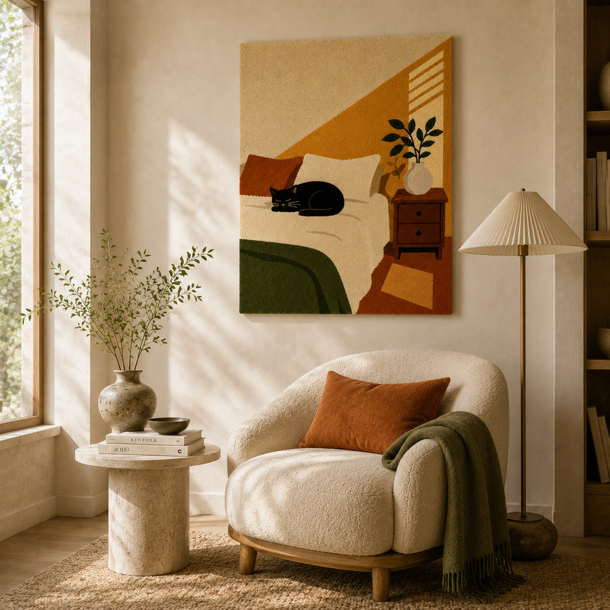 Hewn Earth Midnight Cat Nook wall art featuring a dark, minimalist cat illustration on a neutral background.