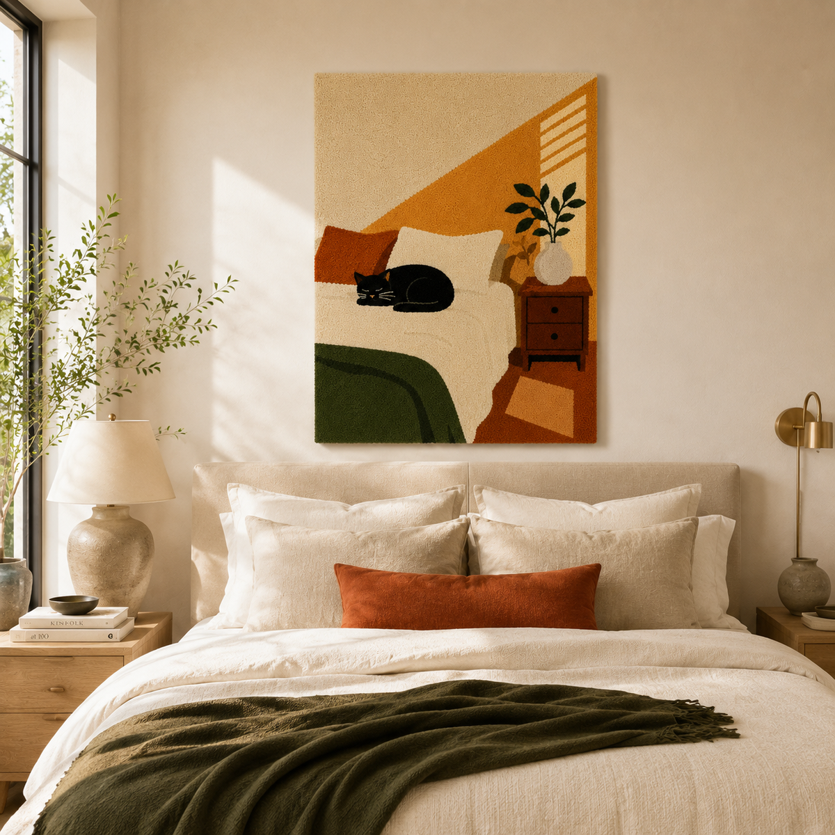 Hewn Earth Midnight Cat Nook wall art featuring a serene night scene with a cat silhouette and moonlit background.