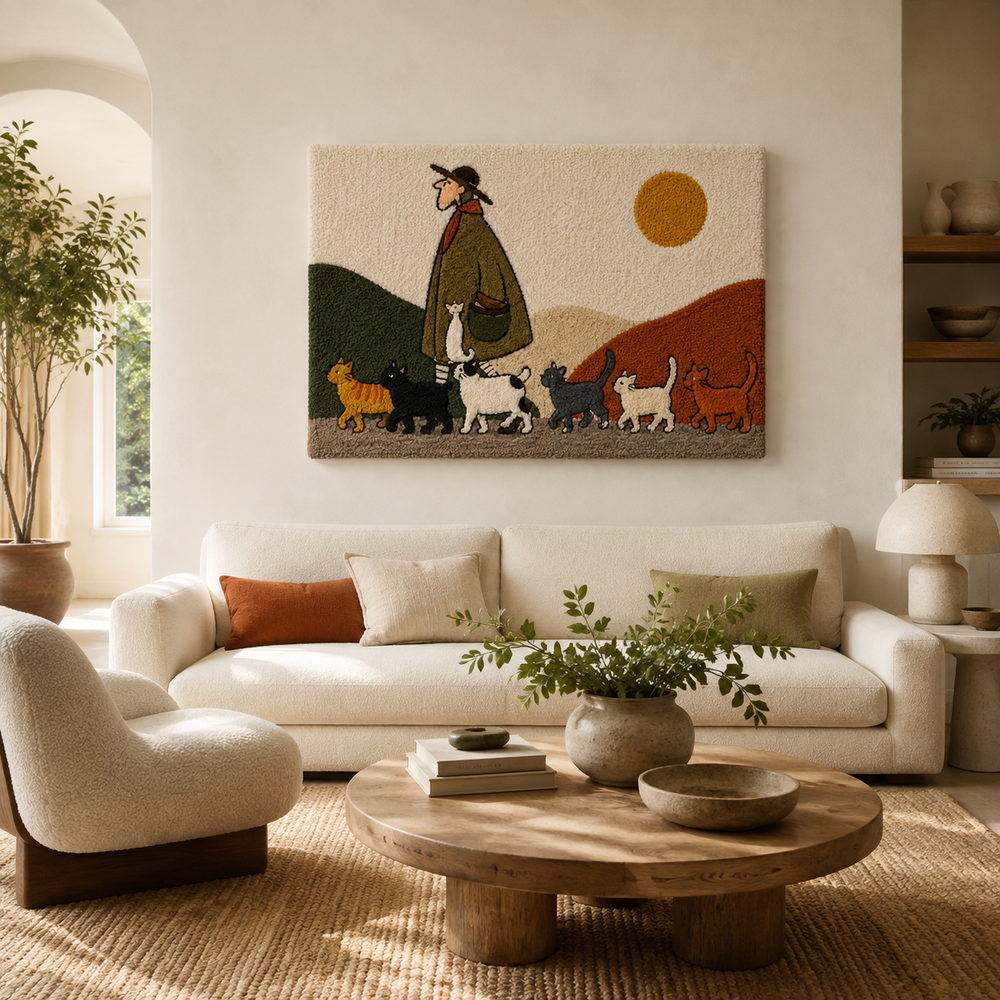 Sunlit Dog Parade wall art by Hewn Earth, featuring playful dogs in a sunny outdoor scene on a canvas print.