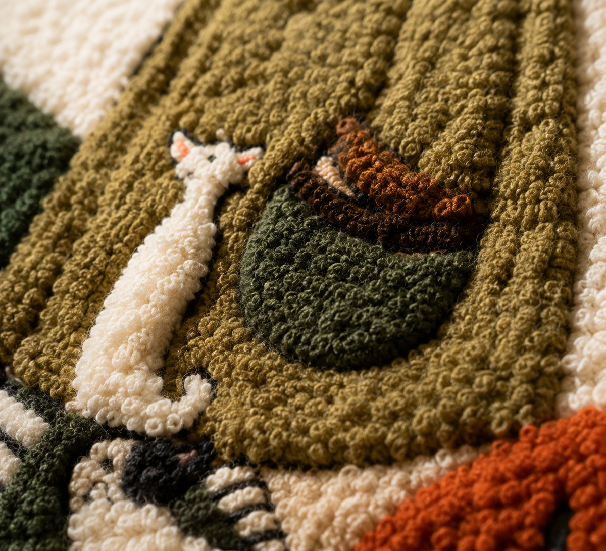 Close-up of Hewn Earth Sunlit Dog Parade wall art showing vibrant dog illustrations on textured background.