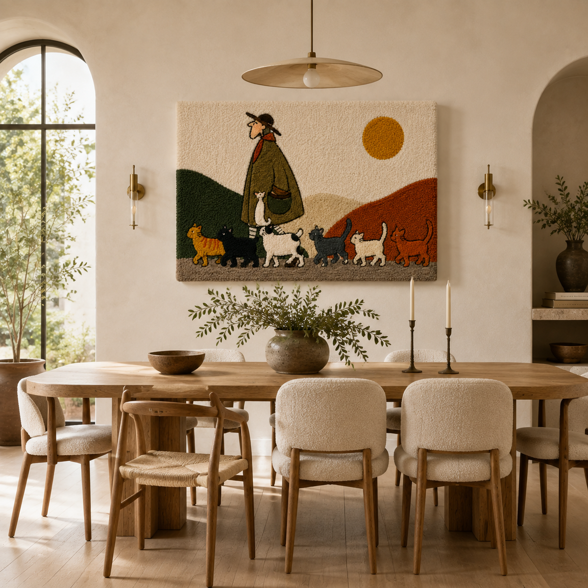 Sunlit Dog Parade wall art by Hewn Earth showing colorful dogs walking in a sunny outdoor scene.
