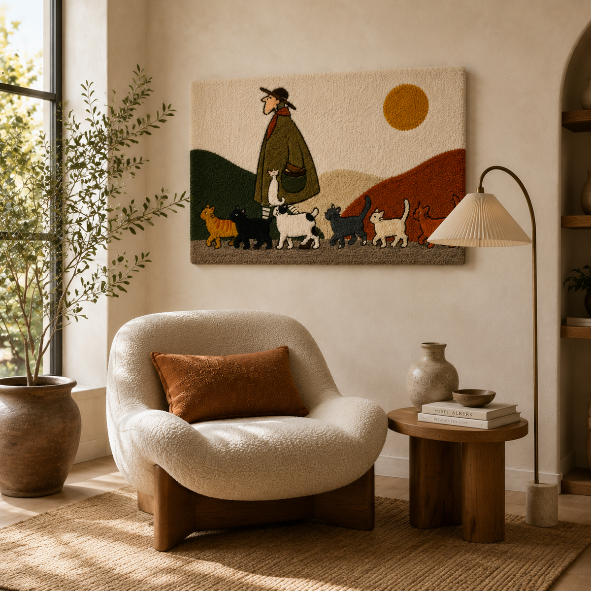 Sunlit Dog Parade wall art by Hewn Earth featuring colorful dogs walking in a sunny outdoor scene.