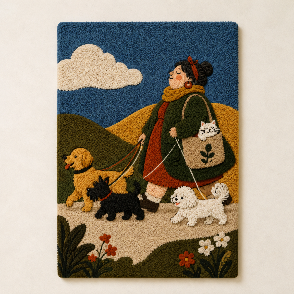 Hewn Earth wall art titled "Promenade with Pups" featuring a charming illustration of dogs walking together on a scenic background.