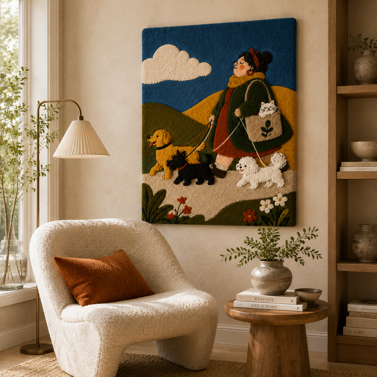 Hewn Earth wall art titled "Promenade with Pups" depicts a scenic outdoor scene with dogs walking along a path.