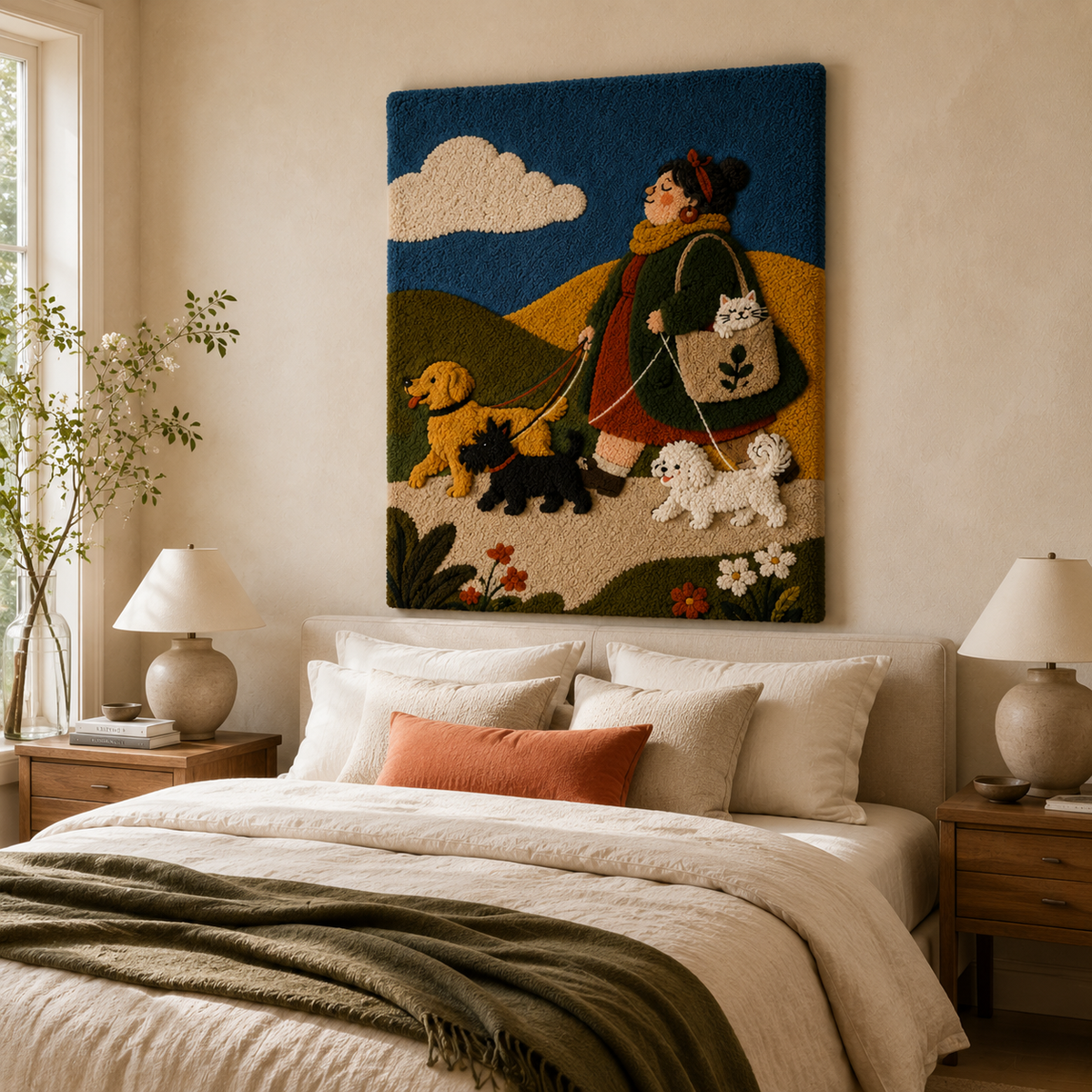 Hewn Earth Promenade with Pups wall art featuring colorful dogs walking along a city street scene.