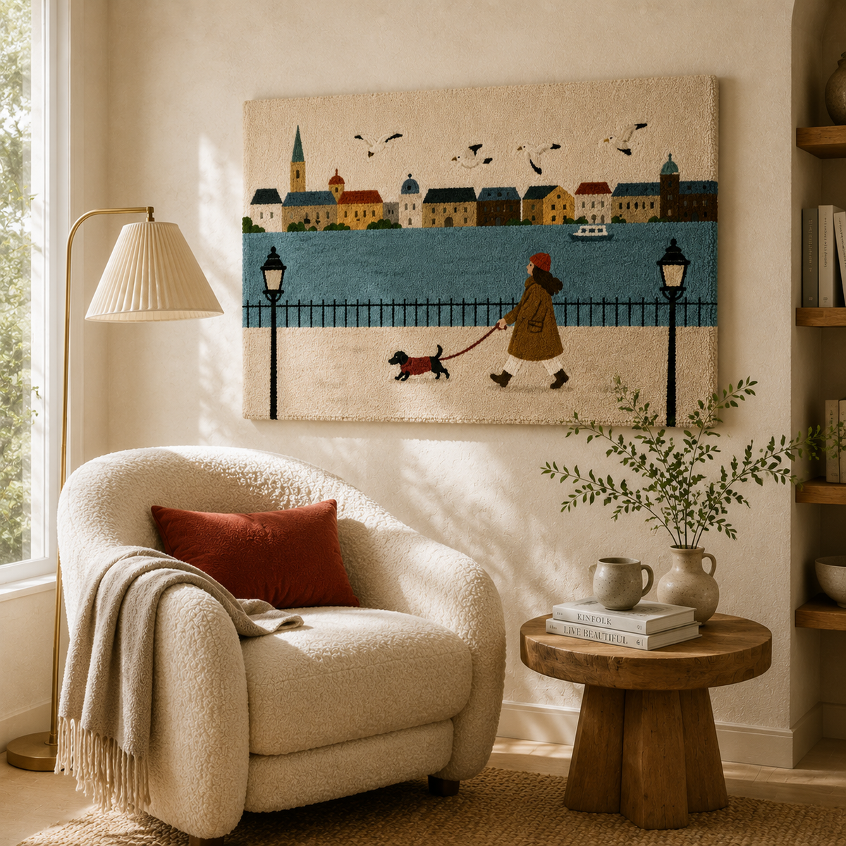 Hewn Earth Harbor Dog Walk wall art featuring a serene coastal scene with a dog walking along the harbor, printed on canvas.