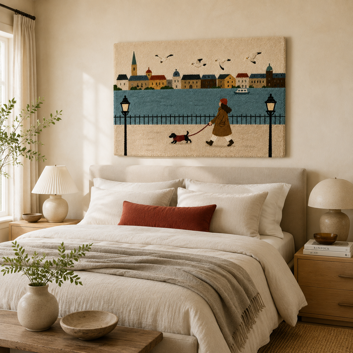 Hewn Earth Harbor Dog Walk wall art featuring a serene harbor scene with a dog, perfect for coastal home decor.