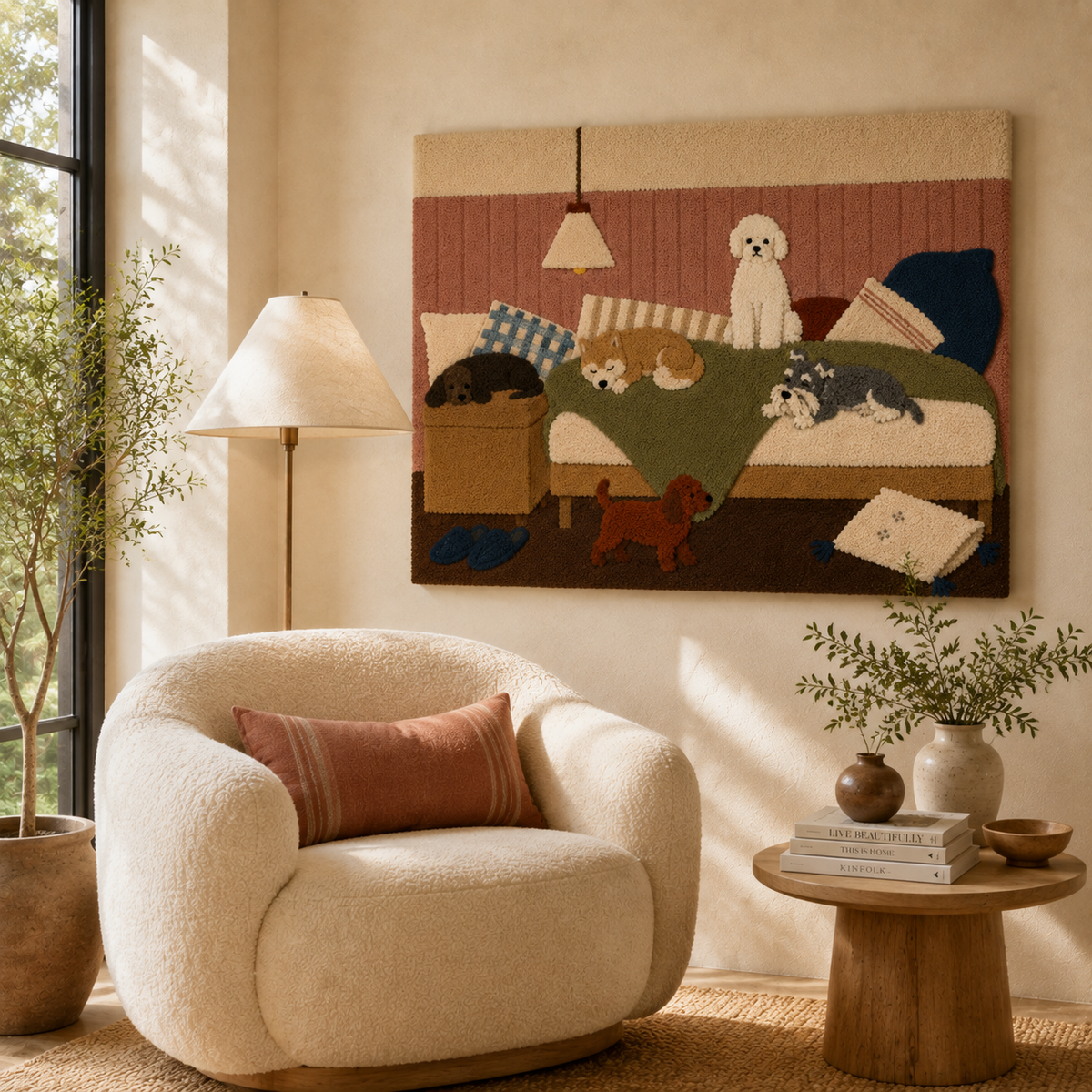 Hewn Earth Canine Sofa Society wall art with playful dog illustrations on a neutral background, modern home decor piece.