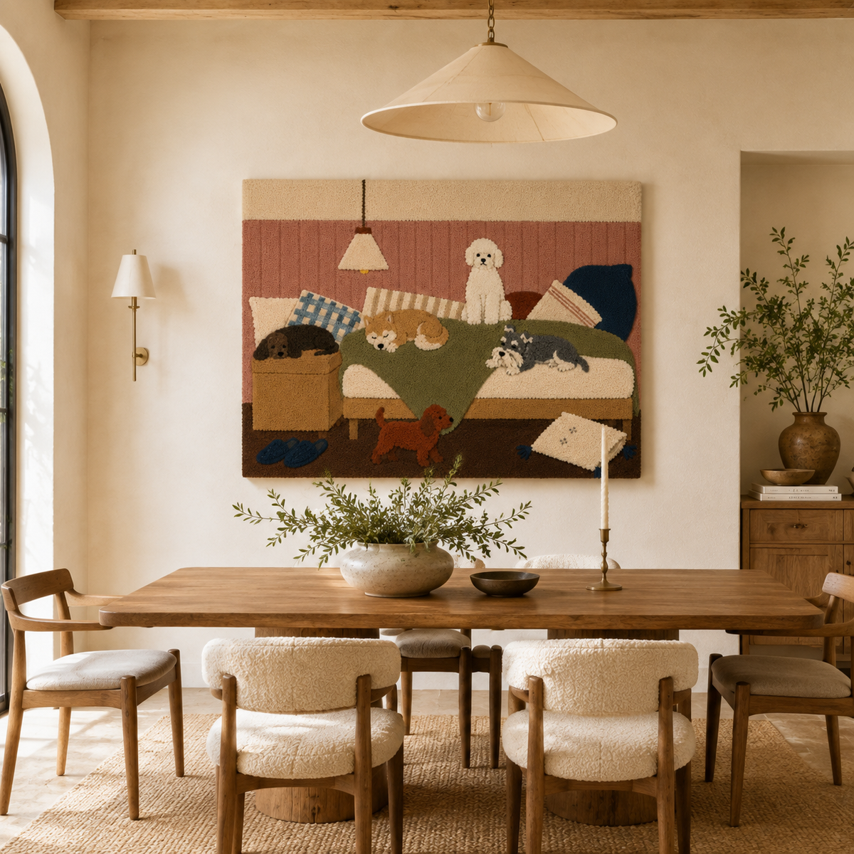 Hewn Earth Canine Sofa Society wall art featuring a stylish illustration of dogs lounging on a sofa, modern home decor.