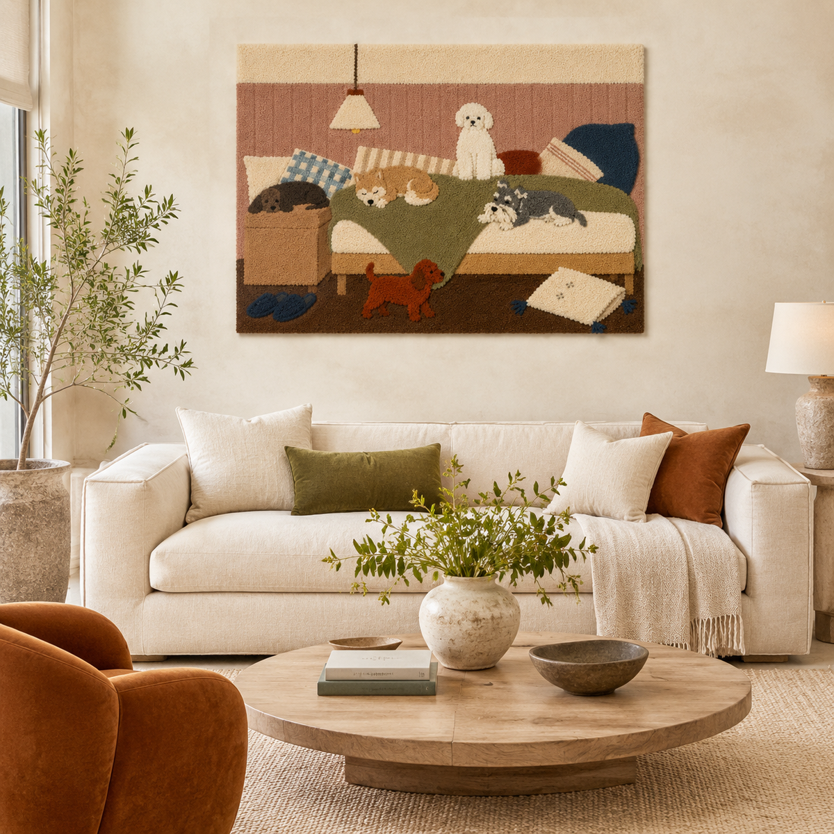Hewn Earth Canine Sofa Society wall art featuring a stylish illustration of dogs on a sofa, perfect for pet lovers' home decor.