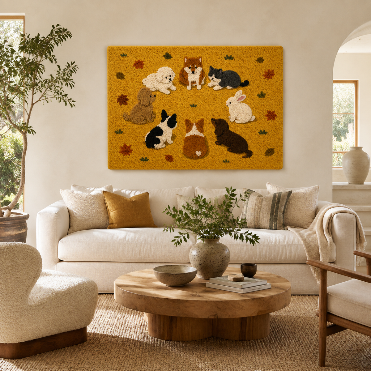 Saffron Cat Chorus wall art by Hewn Earth featuring a vibrant, artistic depiction of a cat scene on a textured wall background