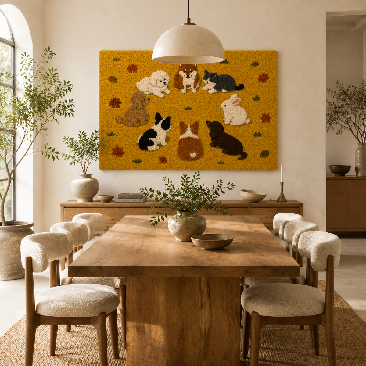 Hewn Earth Saffron Cat Chorus wall art featuring vibrant, abstract cat illustrations on a textured background.