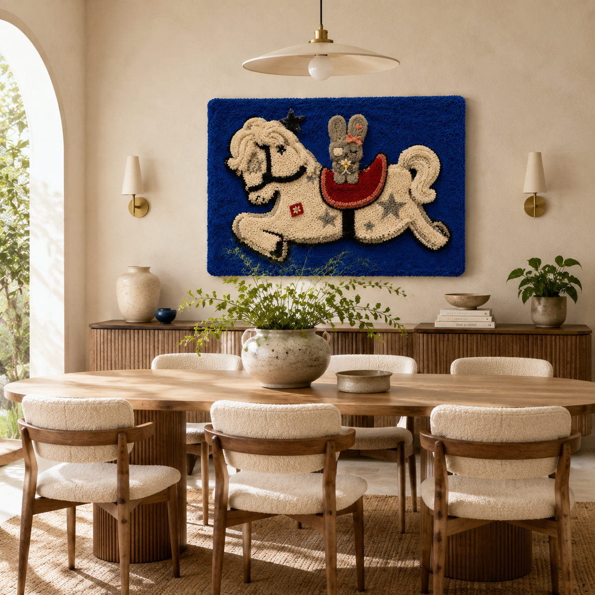 Hewn Earth Skybound Storyteller wall art featuring a vibrant, detailed landscape scene on textured canvas for home decor.