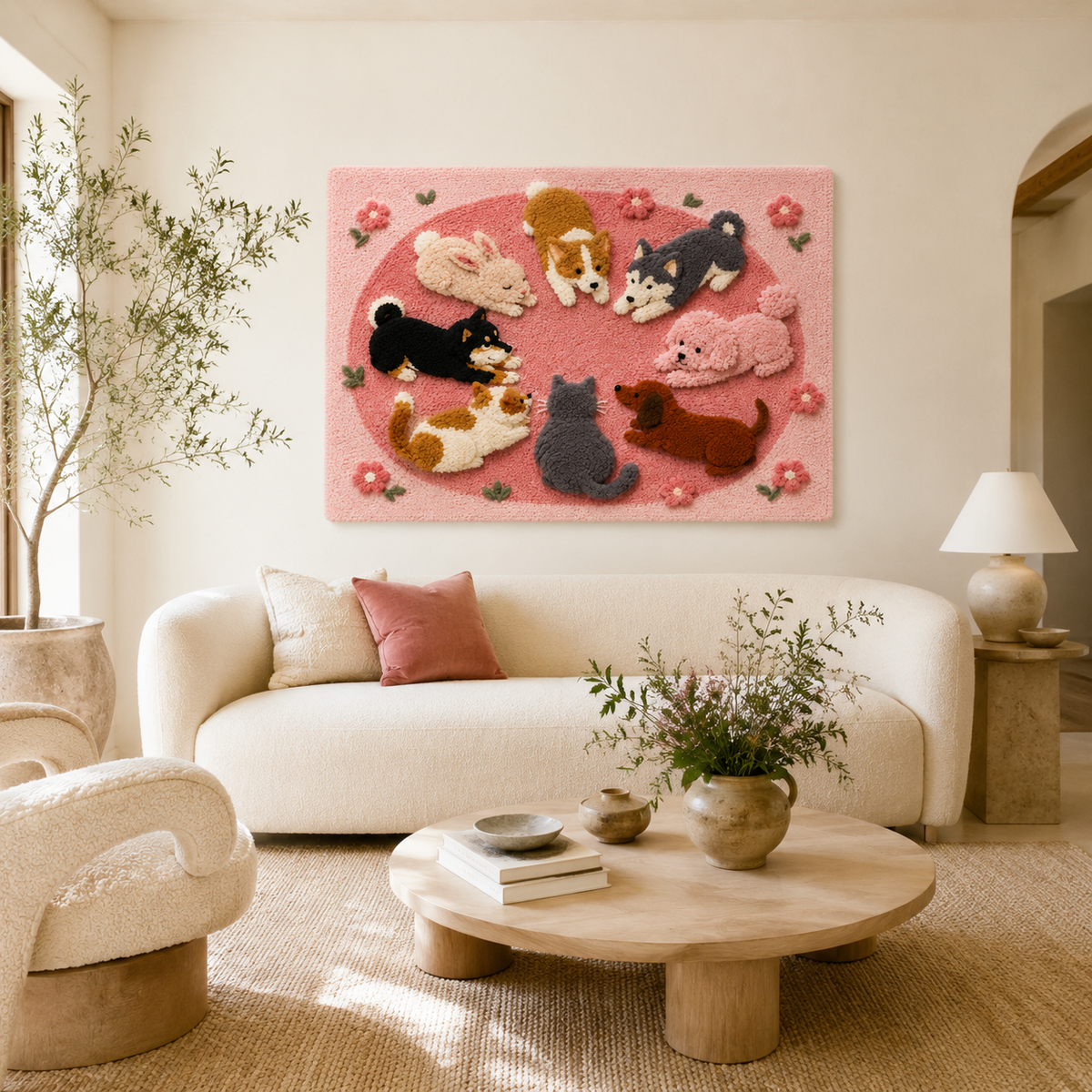 Hewn Earth Rose Cat Siesta wall art featuring a serene cat resting on a rose, displayed on a modern room wall.
