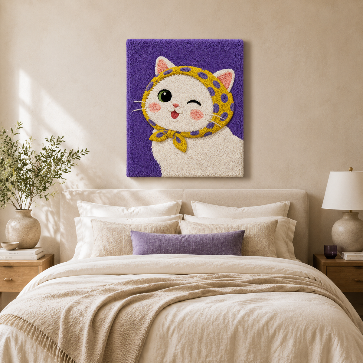 Sunflower Cat Wink wall art by Hewn Earth featuring a playful cat with a sunflower design on a colorful background.