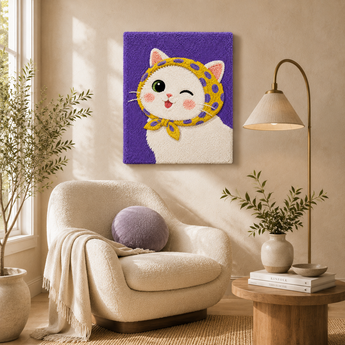 Sunflower Cat Wink wall art by Hewn Earth featuring a playful cat with a sunflower, vibrant and decorative wall decor.