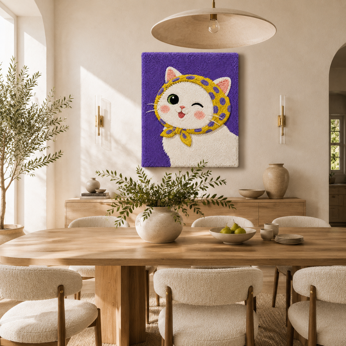 Sunflower Cat Wink wall art by Hewn Earth featuring a playful cat with a sunflower, vibrant colors, and artistic design.