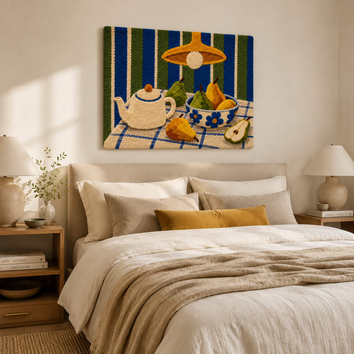 Hewn Earth Striped Tea Ritual wall art featuring a colorful, abstract design on a canvas suitable for modern home decor.
