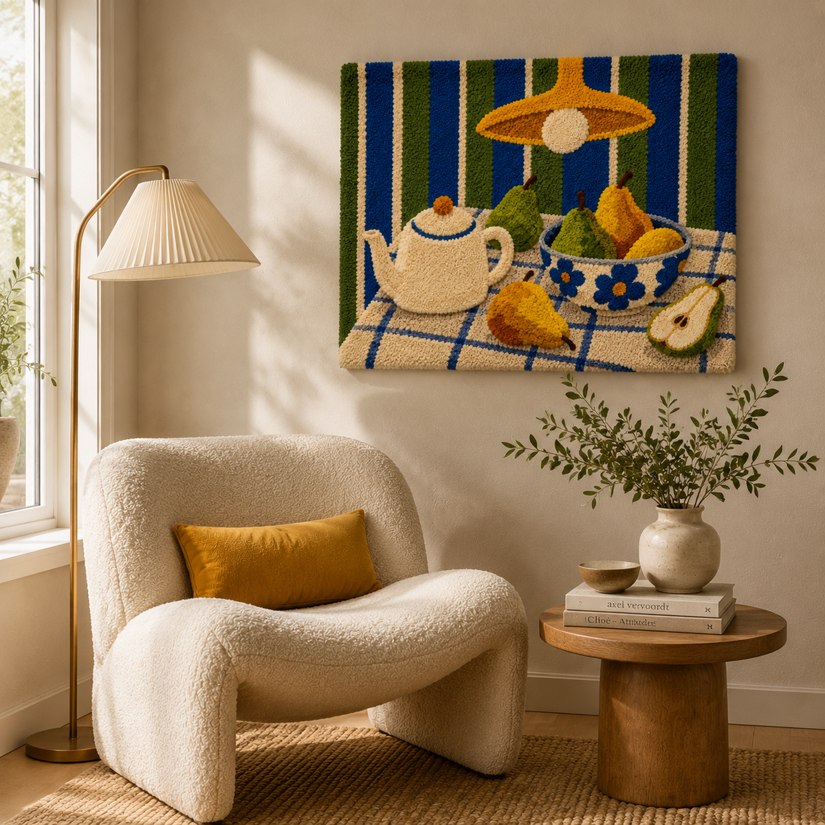 Hewn Earth striped tea ritual wall art featuring horizontal beige, brown, and white stripes on a textured canvas background.