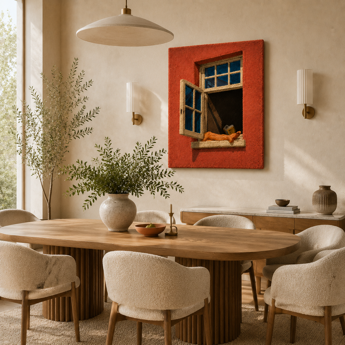 Hewn Earth terracotta wall art featuring a window cat design, decorative ceramic piece for home wall décor.