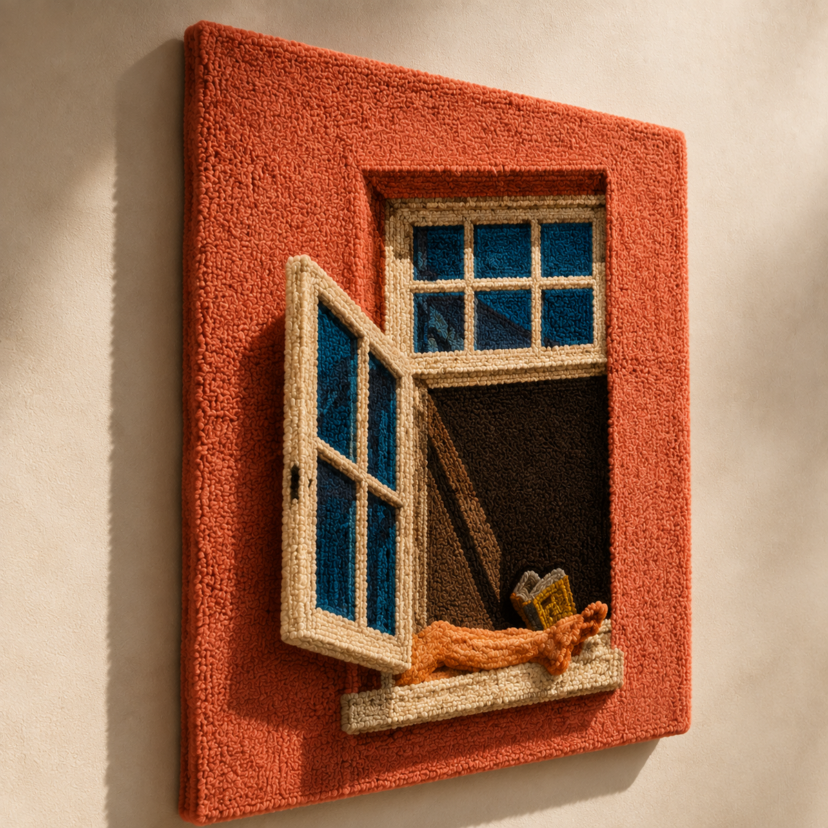 Hewn Earth terracotta window cat wall art depicting a stylized cat figure in warm terracotta tones.