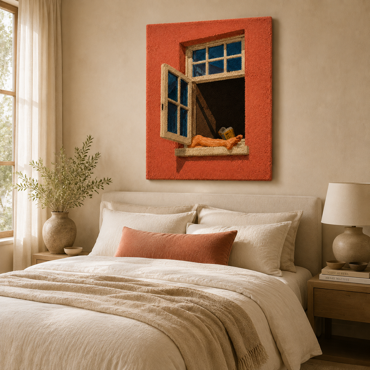 Hewn Earth terracotta wall art featuring a window cat design, decorative ceramic piece with earthy tones for home decor.