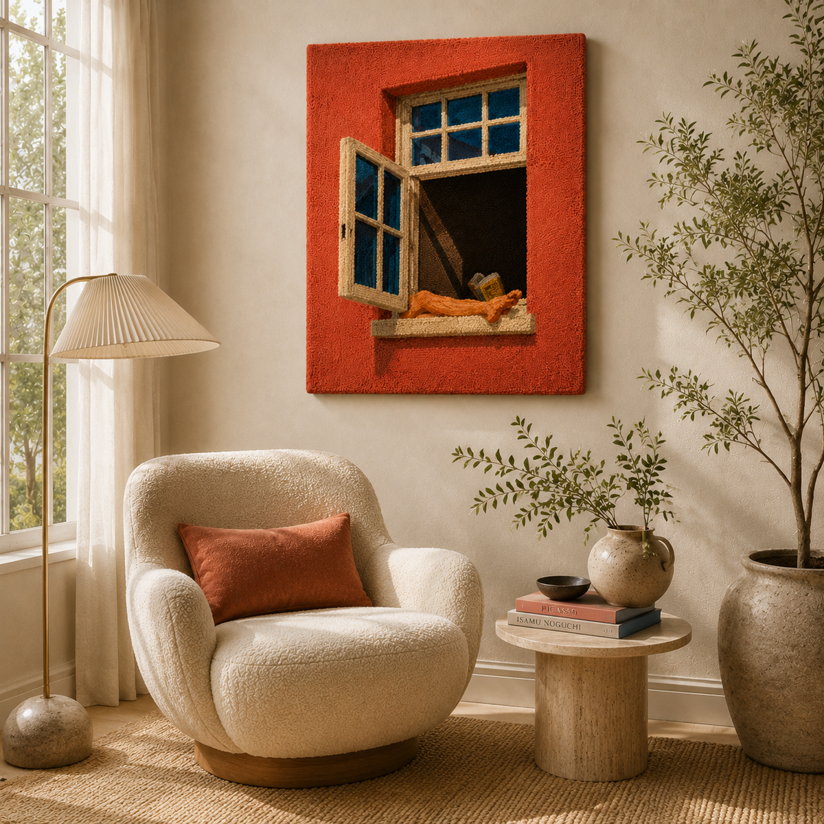 Hewn Earth terracotta wall art depicting a window cat with detailed terracotta textures and a rustic finish.
