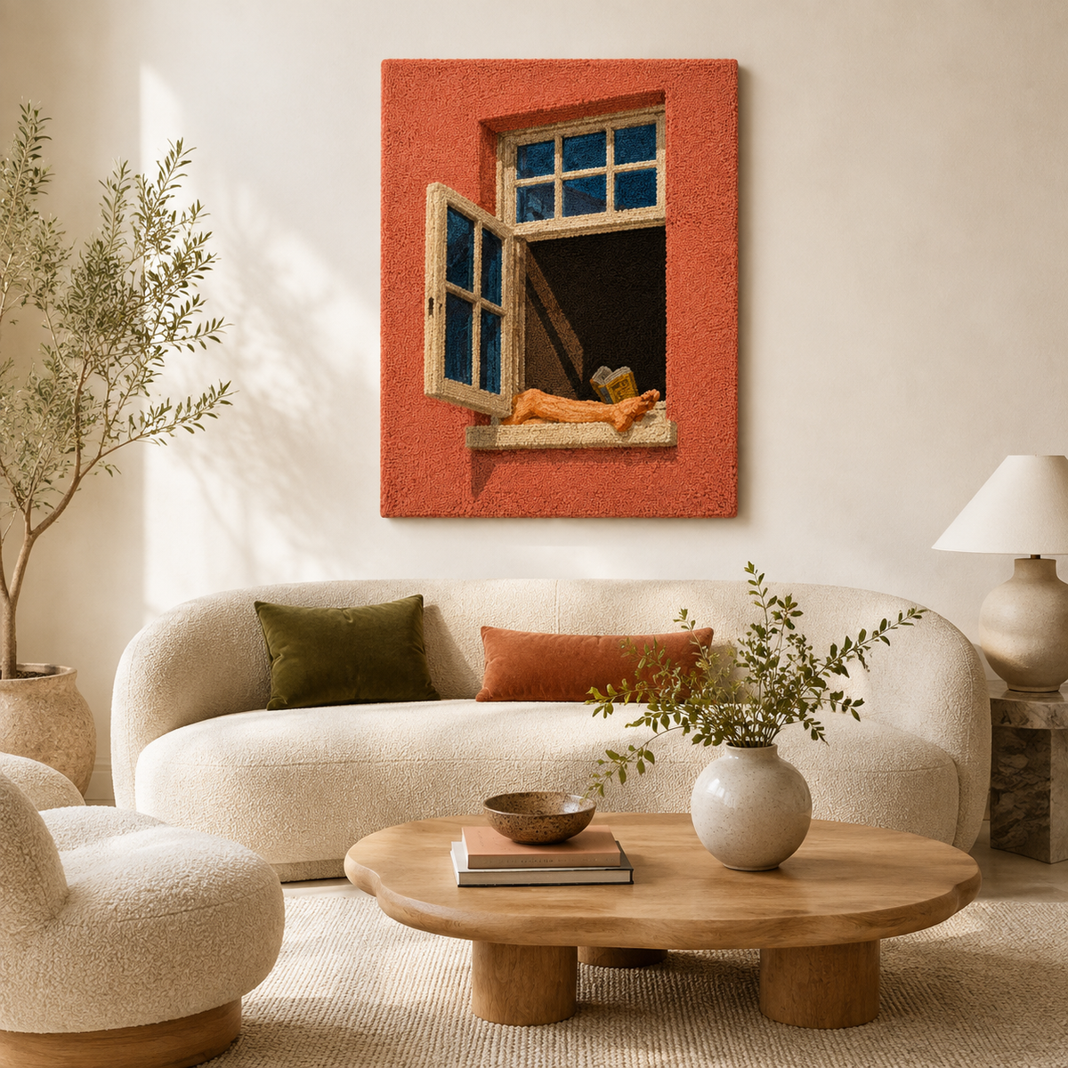 Terracotta wall art of a window cat sculpture by Hewn Earth, featuring detailed feline design on a textured surface.