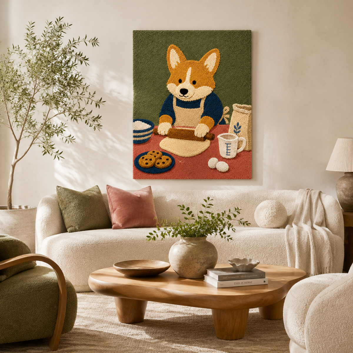 Hewn Earth Corgi Kitchen Supper wall art featuring a playful corgi dog in a cozy kitchen setting.