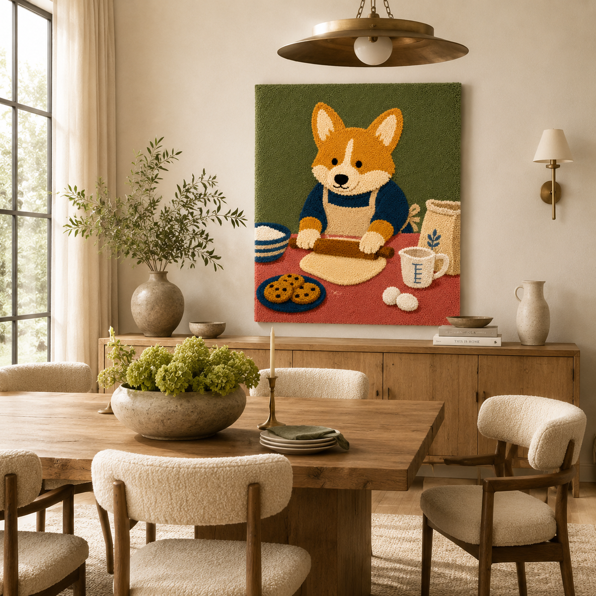 Corgi Kitchen Supper wall art by Hewn Earth featuring a charming illustration of a corgi enjoying a meal in a cozy kitchen setting.