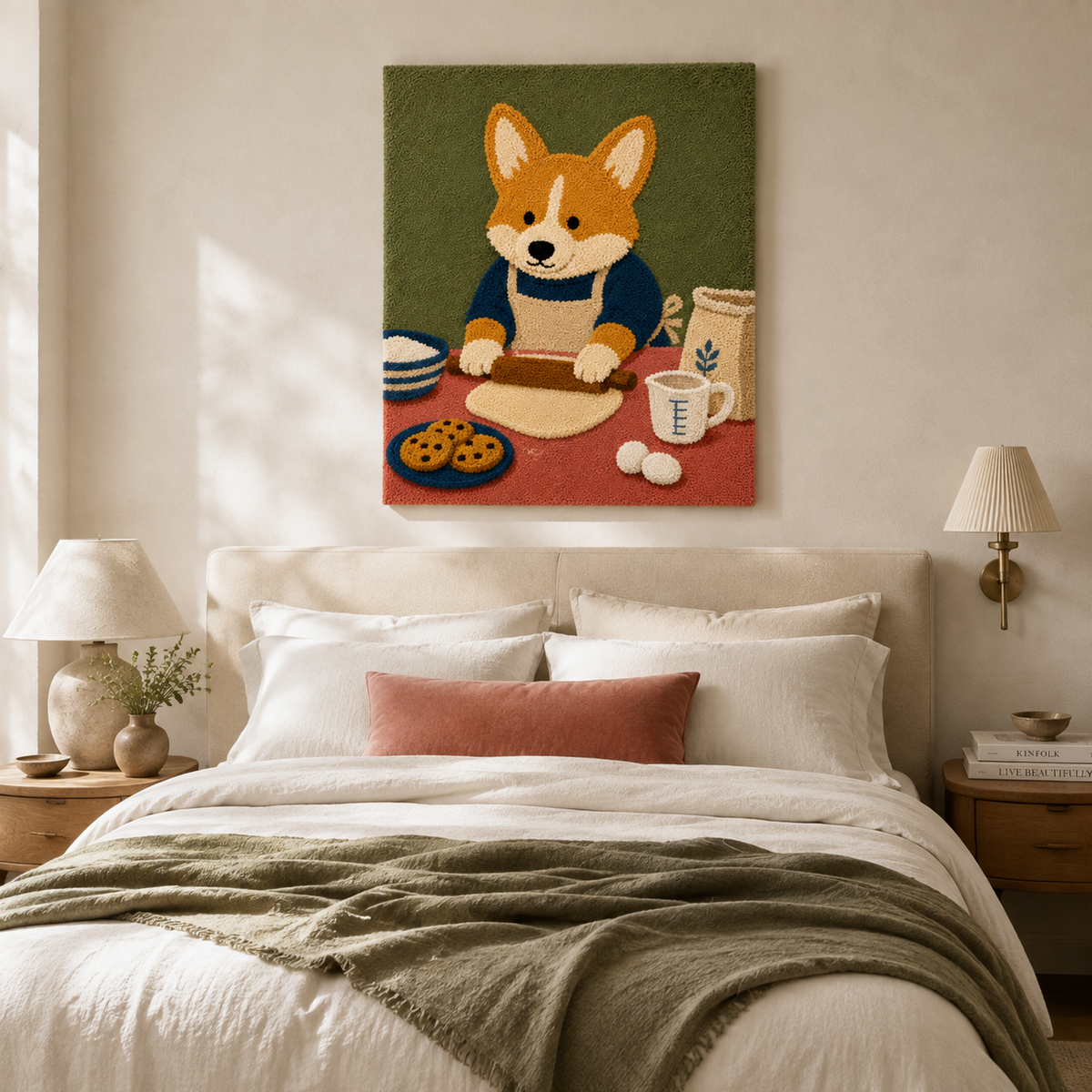 Corgi Kitchen Supper wall art by Hewn Earth featuring a playful illustration of a corgi dog enjoying a meal in a cozy kitchen setting