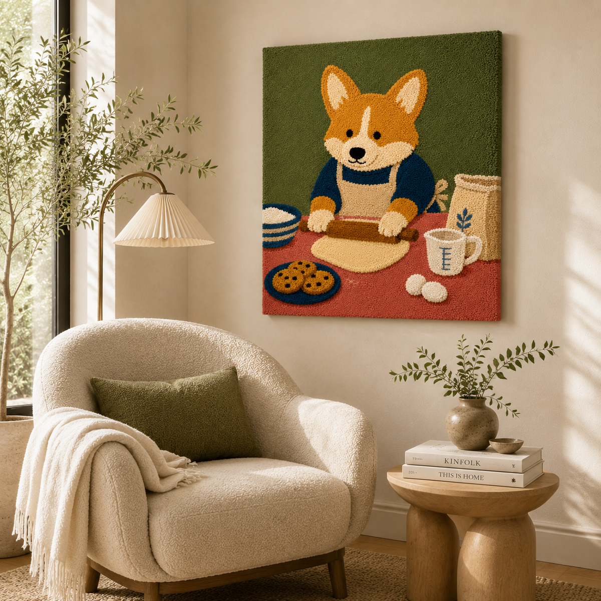 Corgi Kitchen Supper wall art by Hewn Earth featuring a playful illustration of a corgi dog with a dinner scene.