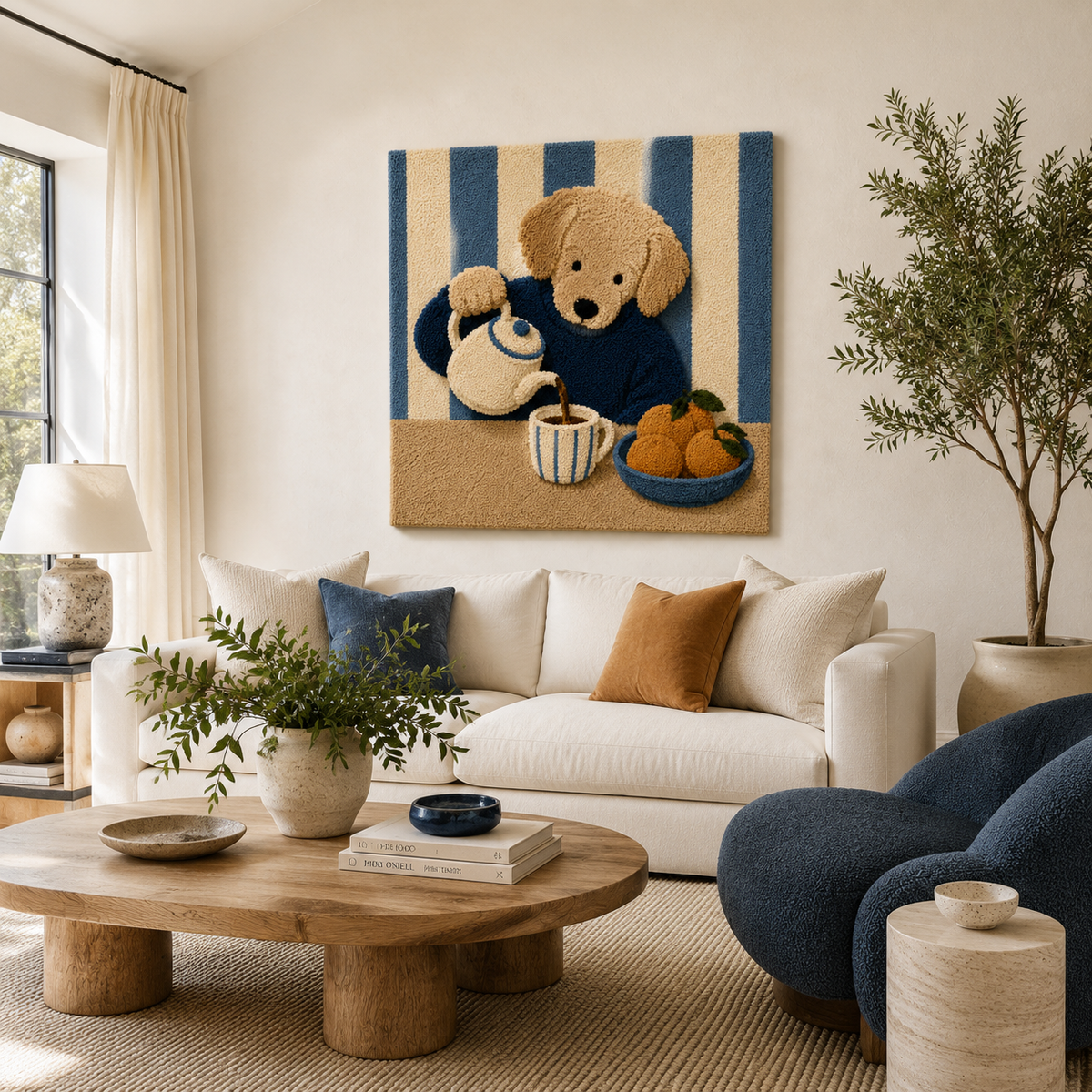 Blue Stripe Companion wall art by Hewn Earth, featuring abstract blue and white stripes, mounted on a neutral-colored wall.