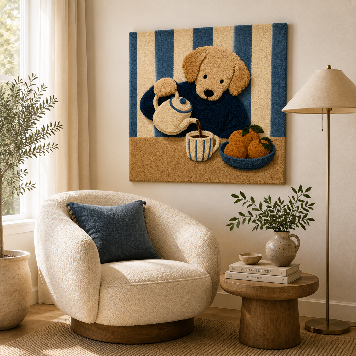 Blue striped Hewn Earth wall art piece titled Companion, featuring modern geometric design on a canvas or framed display.