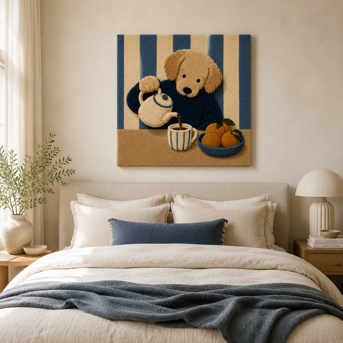 Blue stripe wall art piece from Hewn Earth, featuring abstract blue and white design on canvas.
