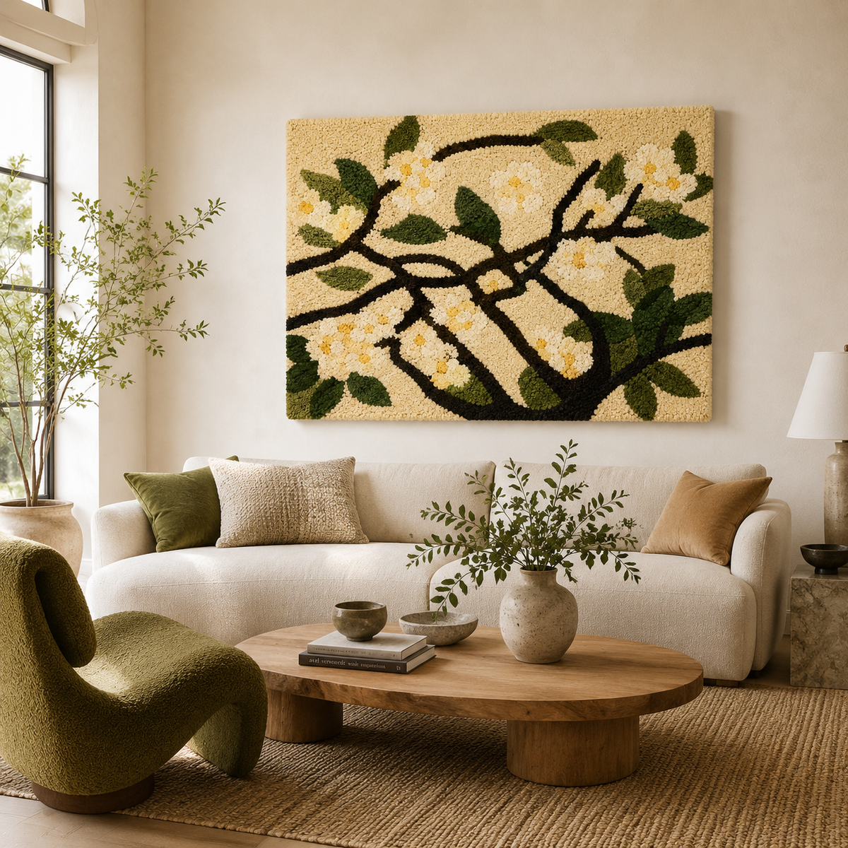 Hewn Earth Moonlit Blossom Bough wall art featuring a delicate floral branch illuminated by moonlight for calming home decor.