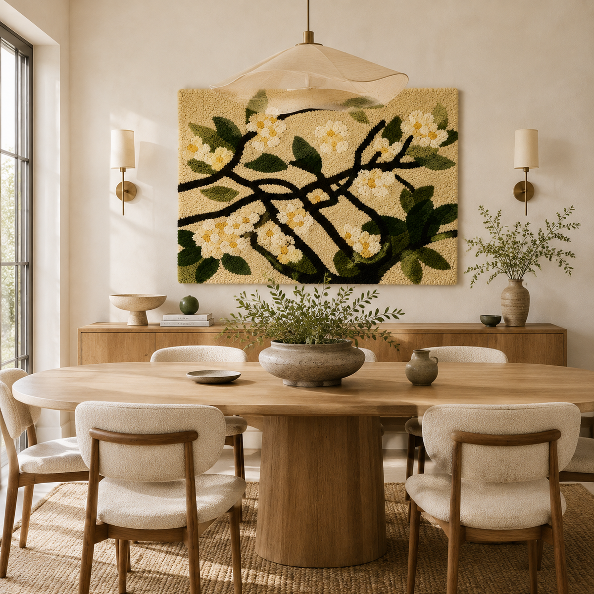Hewn Earth Moonlit Blossom Bough wall art featuring a delicate, illuminated floral branch against a dark background.