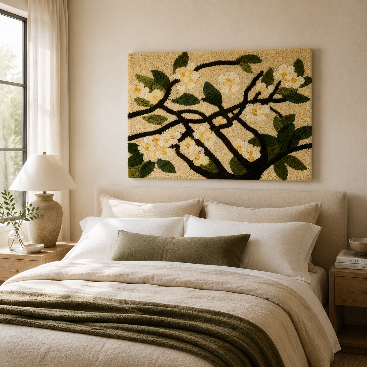 Hewn Earth Moonlit Blossom Bough wall art features a delicate floral design with soft moonlit tones on a natural background.