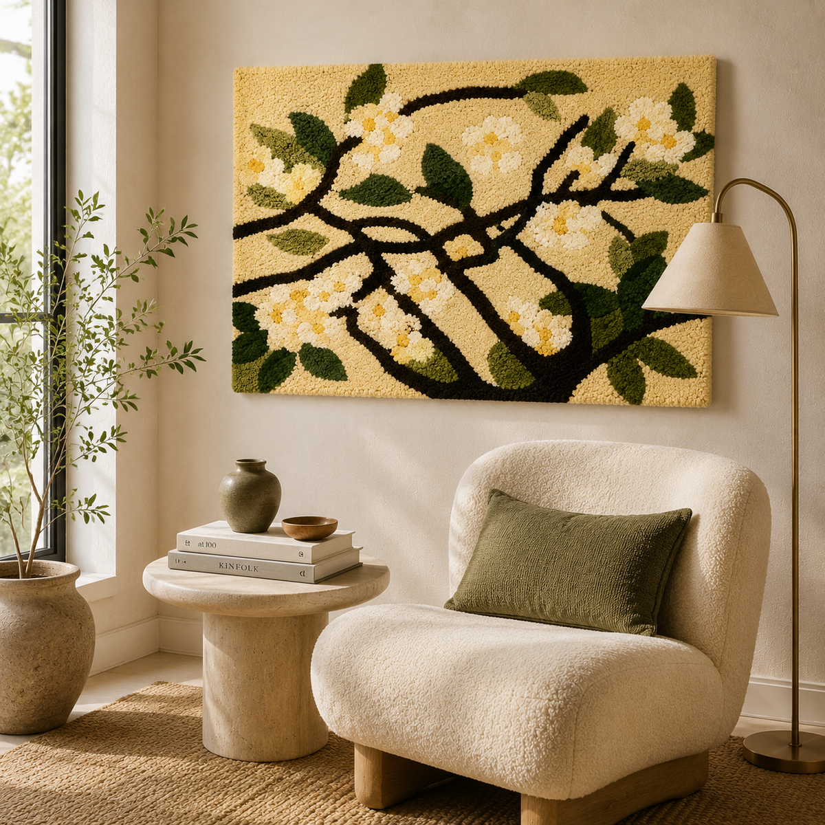 Hewn Earth Moonlit Blossom Bough wall art featuring a delicate branch with blossoms under a moonlit sky, natural and artistic design.