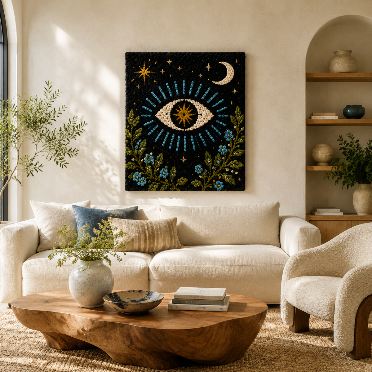 Hewn Earth Celestial Gaze wall art featuring a cosmic-inspired celestial design displayed on a wall in a modern living room.