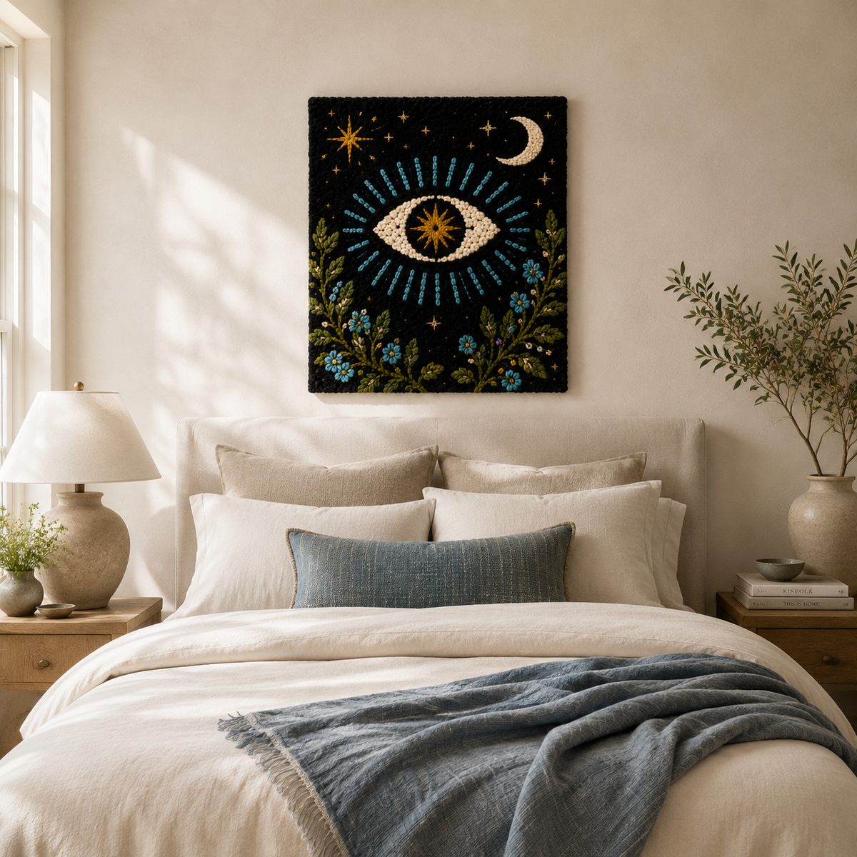 Hewn Earth Celestial Gaze wall art featuring a cosmic design with stars and celestial elements on a dark background.