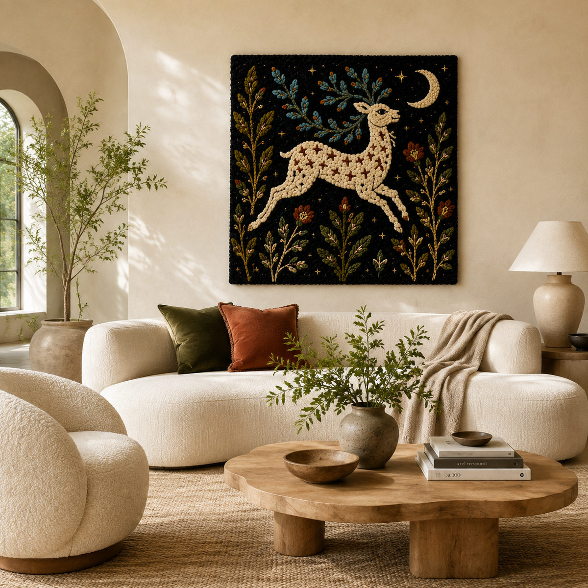 Hewn Earth Moonlit Meadow Deer wall art featuring a serene deer silhouette in a moonlit meadow scene.
