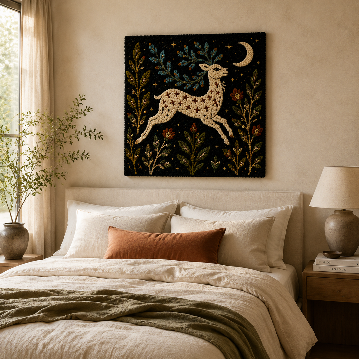 Hewn Earth Moonlit Meadow Deer wall art featuring a serene deer silhouette in a moonlit meadow scene